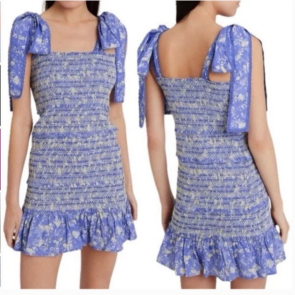 LoveShackFancy Belle Mini Dress Smocked Tie Straps Cotton Blue Jay Floral Medium